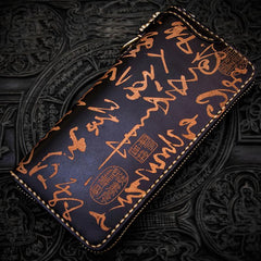 Handmade Leather Mens Chain Chinese Handwriting Biker Wallets Cool Leather Wallet Long Phone Wallets for Men