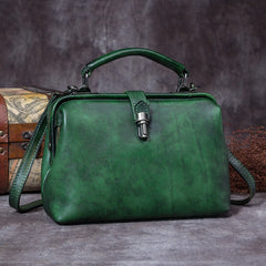 Handmade Green Leather Handbag Vintage Doctor Bag - Wallet Flat Lay