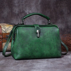 Handmade Green Leather Handbag Vintage Doctor Bag Shoulder Bag Purse For Women