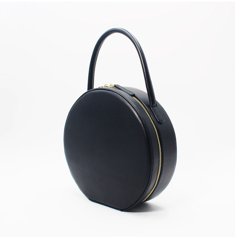 Black Leather circle Purse handbag bag for women leather purse shopper bag - EverHandmade