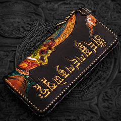 Handmade Leather Tooled Yellow Jambhala Mens Chain Biker Wallet Cool Leather Wallet Zipper Long Wallet for Men