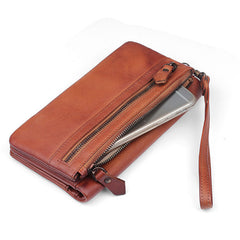 Handmade men long leather wallet clutch men bifold vintage gray brown long wallet for him - EverHandmade