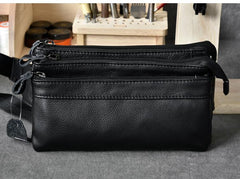 Cool Black Leather Fanny Pack Mens Black Waist Bag Hip Pack Black Belt Bag for Men