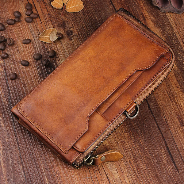 Cool mens long leather wallets vintage brown leaather long wallet for men - EverHandmade