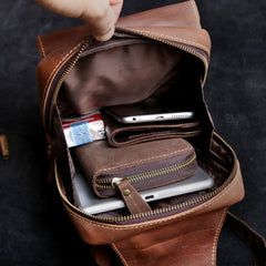 Genuine Leather Mens Cool Chest Bag Brown Sling Bag One Shoulder Backpack for men
