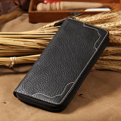 Handmade Cool Leather Black Mens Long Wallet Vintage Zipper Long Wallet for Men