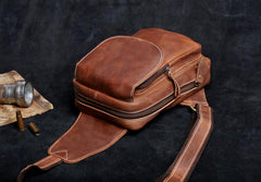 Genuine Leather Mens Cool Chest Bag Brown Sling Bag One Shoulder Backpack for men