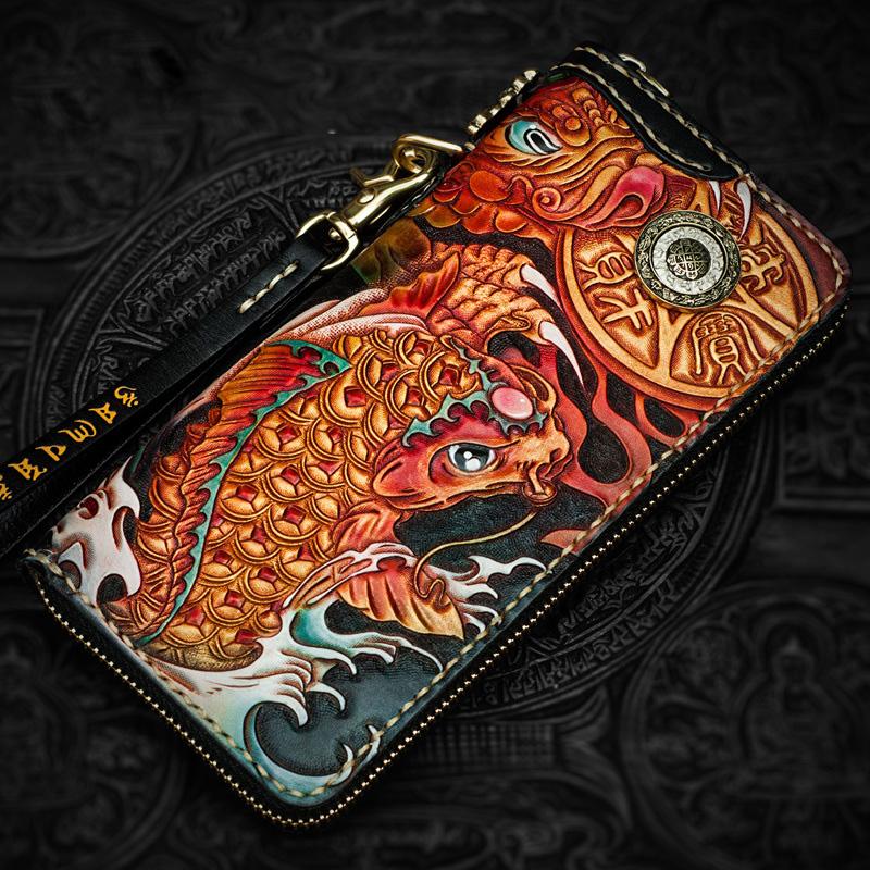 Handmade Leather Tooled Carp Mens Chain Biker Wallet Cool Leather Wallet Long Phone Wallets for Men