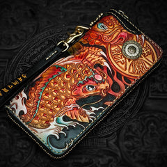 Handmade Leather Tooled Carp Mens Chain Biker Wallet Cool Leather Wallet Long Phone Wallets for Men