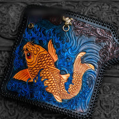 Handmade Leather Tooled Carp Mens Biker Chain Wallet Cool Leather Wallet Long Phone Wallets for Men