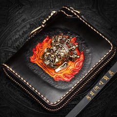 Handmade Leather Tibetan Mens billfold Wallets Cool Chain Wallet Small Biker Wallet for Men