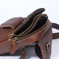 Genuine Leather Mens Cool Chest Bag Sling Bag Crossbody Sling Pack Brown One Shoulder Backpack for men
