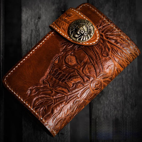 Handmade Leather Tooled Skull Indian Chief Biker Wallets Mens Cool billfold Chain Wallet Trucker Wallet with Chain