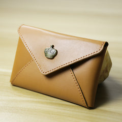 Slim Women Tan Leather Card Wallet Crown Minimalist Envelope Card Holder Wallet Coin Wallet For Women
