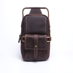 Genuine Leather Mens Cool Chest Bag Sling Bag Coffee One shoulder Backpack for men