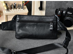 Cool Black Leather Fanny Pack Mens Black Waist Bag Hip Pack Black Belt Bag for Men