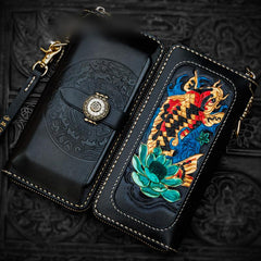 Handmade Leather Tooled Carp Mens Chain Biker Wallet Cool Leather Wallet Long Phone Wallets for Men