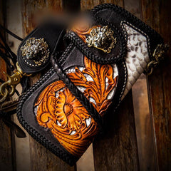 Handmade Leather Tooled Floral Mens Long Chain Biker Wallet Cool Leather Wallet With Chain Wallets for Men