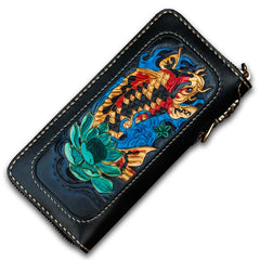 Handmade Leather Tooled Carp Mens Chain Biker Wallet Cool Leather Wallet Long Phone Wallets for Men