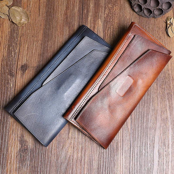 Handmade Leather Gray Mens Cool Long Leather Wallet Brown Unique Long Wallet for DM01981025