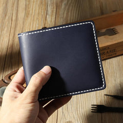 Handmade Blue Leather Billfold Wallet Personalized Mens Contrast Color Wallets for Men