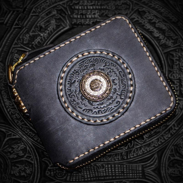 Handmade Leather Tibetan Mens billfold Wallet Cool Chain Wallet Biker Wallet for Men