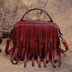 Red Vintage Womens Leather Purse Tassel Handbag Brown Shoulder Bag Crossbody Purses for Ladies