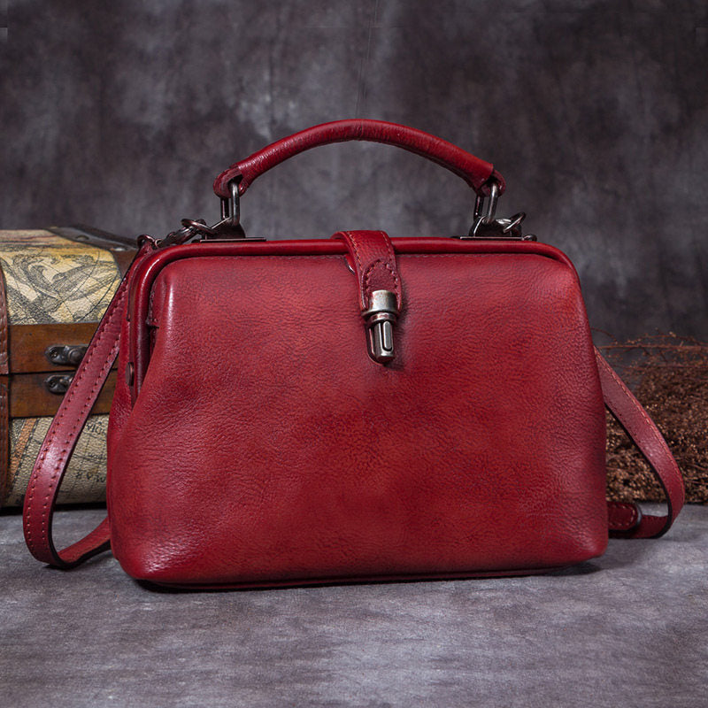 Handmade Blue Leather Handbag Vintage Doctor Bag Shoulder Bag Purse For Women