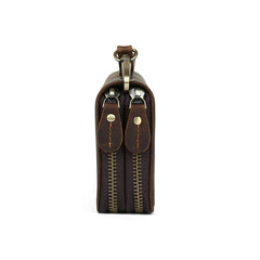 LEATHER MENS Wristlet Wallet Double Zipper Vintage Coffee Clutch FOR MEN