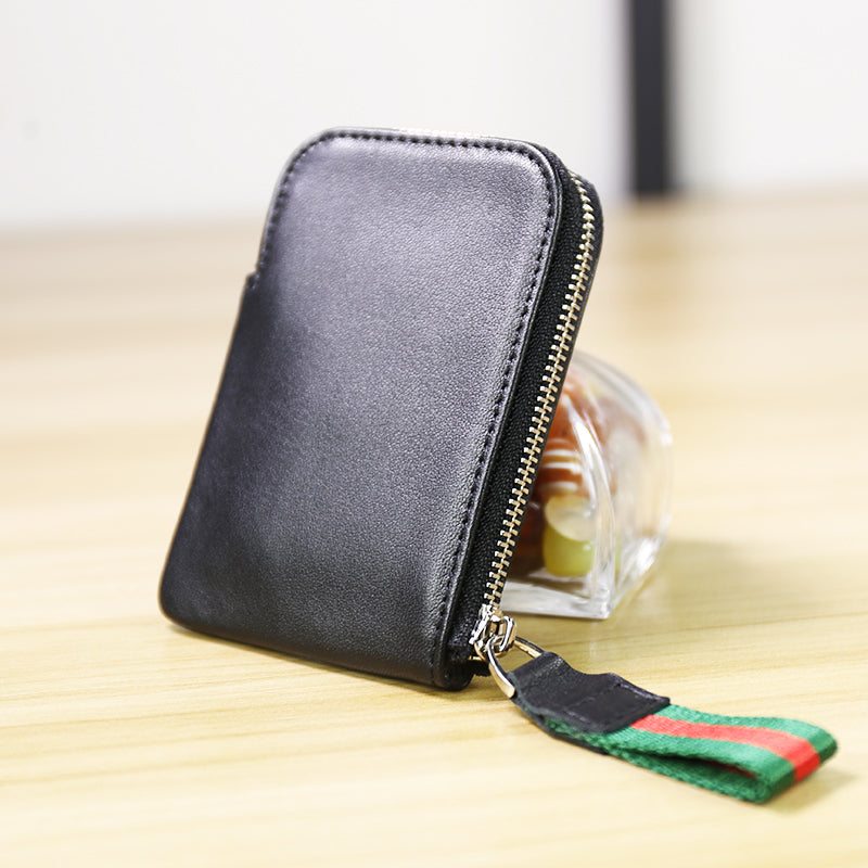 Women Leather Mini Zip Wallet Black Billfold Slim Coin Wallet Small Zip Change Wallet For Women