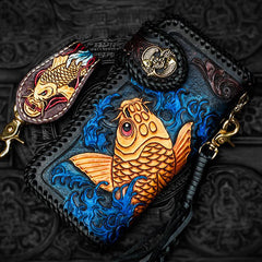 Handmade Leather Tooled Carp Mens Biker Chain Wallet Cool Leather Wallet Long Phone Wallets for Men