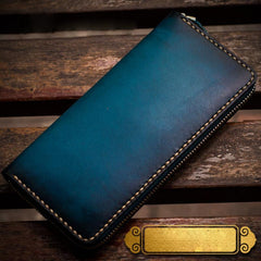 Handmade Leather Mens Cool Long Leather Wallets Zipper Clutch Wallets for Men