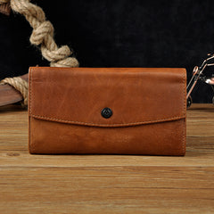 Leather Long Wallet for Men Trifold Brown Wallet