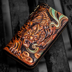 Handmade Leather Mens Tooled Monster Chain Biker Wallets Cool Leather Clutch Wallets Long Wallets for Men