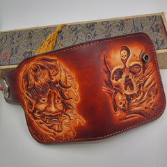 Handmade Leather Tooled Skull Prajna Mens Chain Biker Wallet Cool Leather Wallet Small Wallets for Men