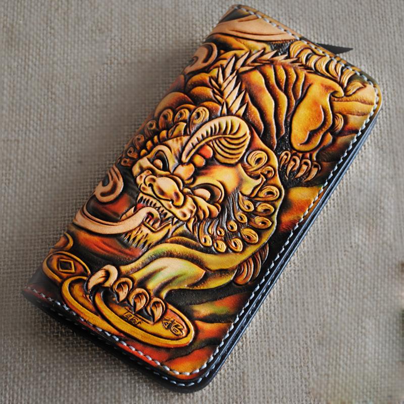 Handmade Tooled Brave Troops Leather Mens Cool Long Leather Wallet Zipper Clutch Wallet for Men