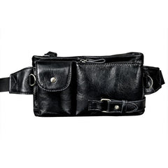 Cool Black Leather Fanny Pack Mens Black Waist Bag Hip Pack Black Belt Bag for Men