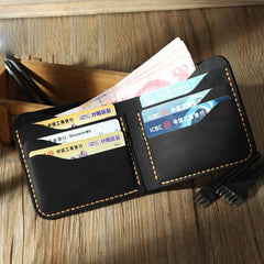 Handmade Slim Black Leather Mens Billfold Wallets Personalize Bifold Small Wallets for Men