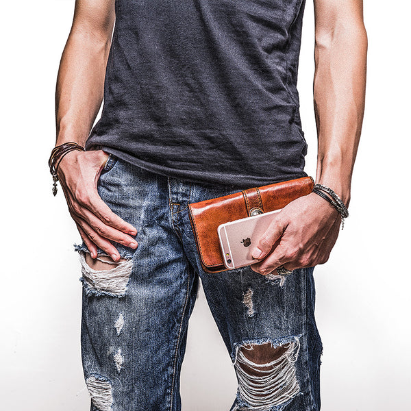 mens brown leather wallet​ Cool Wallets for Men Leather Wallet with Buckle Leather Bifold Wallet Mens Long Wallets for Men