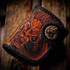 Handmade Leather Tooled Chinese Dragon Biker Wallet Mens Cool billfold Chain Wallet Trucker Wallet with Chain