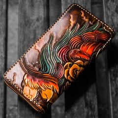 Handmade Leather Tooled Chinese Lion Mens Chain Biker Wallet Cool Leather Wallet Long Phone Wallets for Men