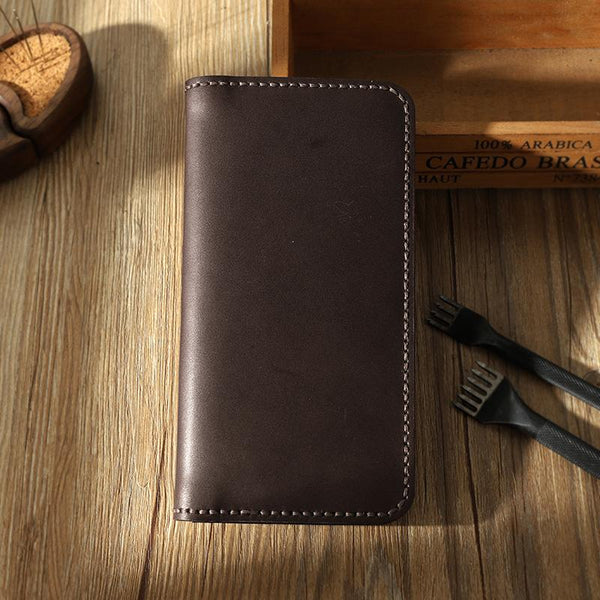 Coffee Leather Mens Bifold Long Wallets Personalized - Back View