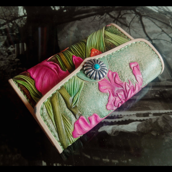 Handmade Green Womens tooled Leather Iris Flower - Back View