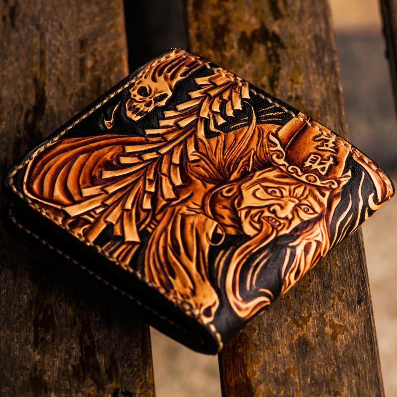 Handmade Leather Chinese Black&White Tooled Small Wallet Mens billfold Wallet Cool Leather Wallet for Men