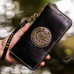 Handmade Leather Tibetan Mens Chain Biker Wallets Cool Leather Wallets Long Wallets for Men