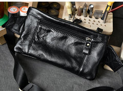Cool Black Leather Fanny Pack Mens Black Waist Bag Hip Pack Black Belt Bag for Men
