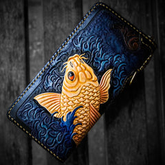 Handmade Leather Men Tooled Carp Cool Leather Biker Wallets Long Wallets for Men