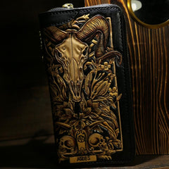 cool mens leather wallets​ Handmade Tooled Leather Biker Wallet Constellation Mens Cool Chain Wallet Trucker Wallet with Chain