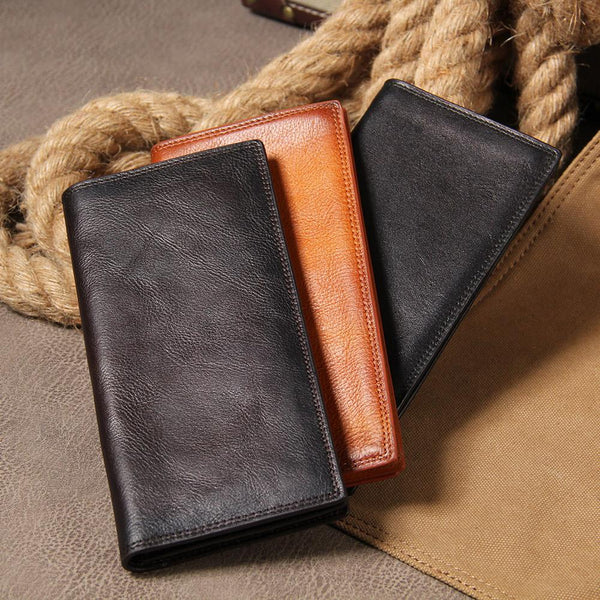 Cool Leather Mens Long Wallet Bifold Slim Long Wallet for Men