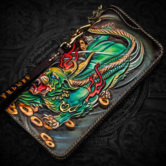 Handmade Leather Chinese Monster Mens Long Chain Biker Wallet Tooled Leather Wallet With Chain Wallets for Men